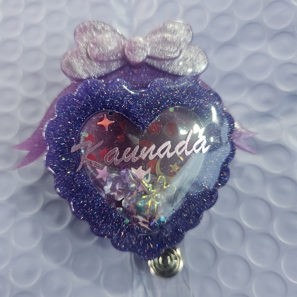 Purple Glitter Heart-Shaped Badge Reel
